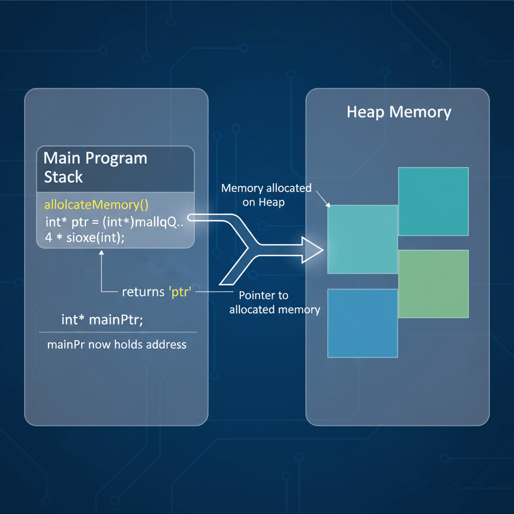 Visualization of dynamic memory allocation in C using pointers allocated on the heap