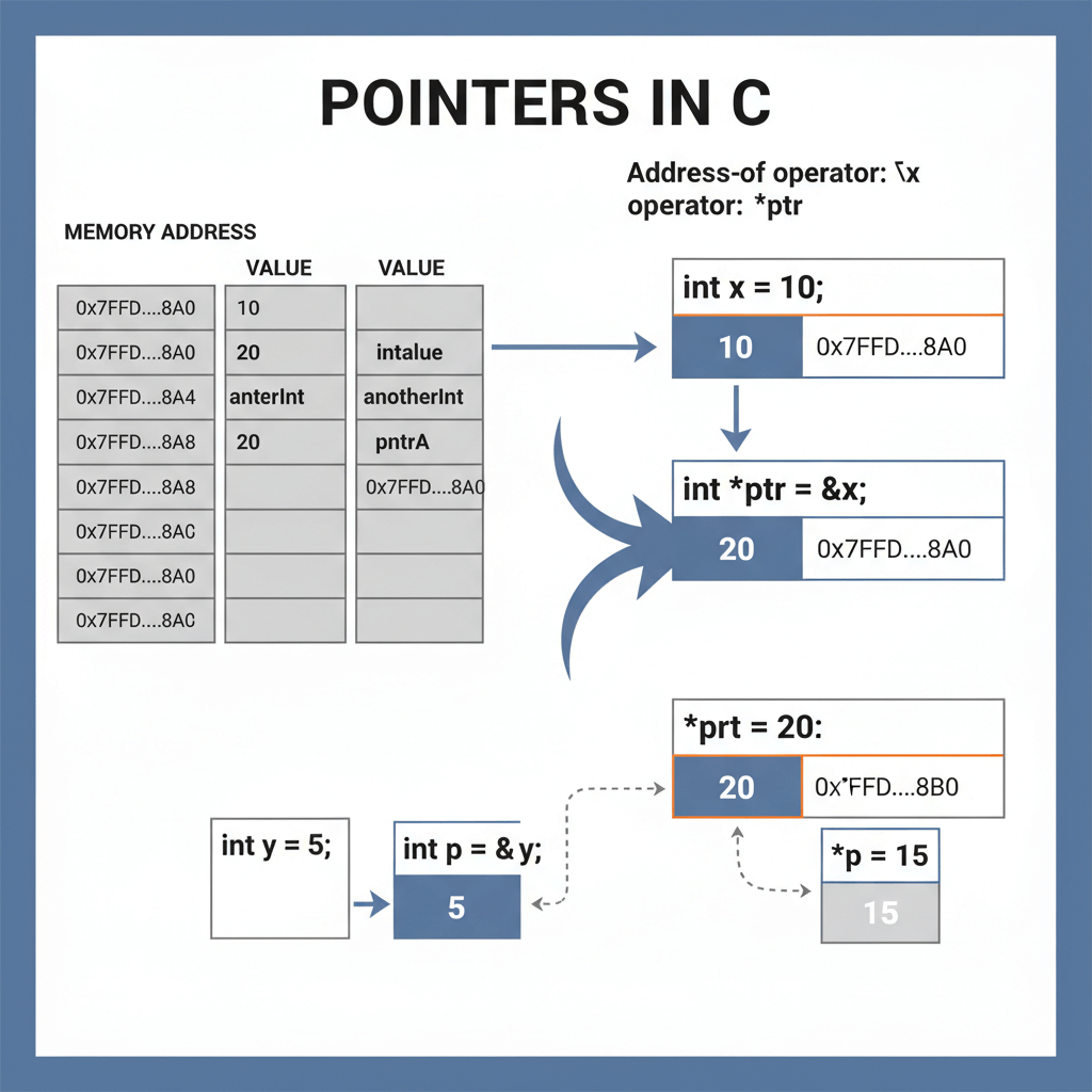 Pointer illustration showing memory addresses and pointer variables with arrows