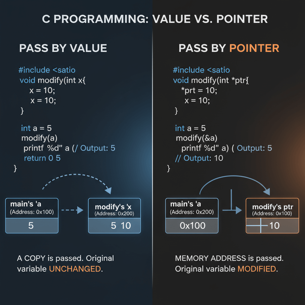 Difference between passing by value and passing by pointer in C with code snippets and memory address arrows