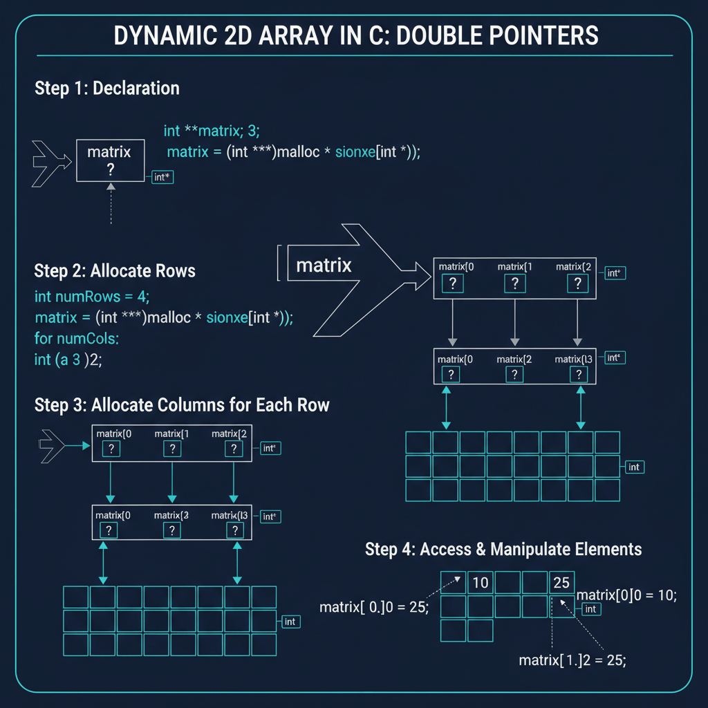 Complex C programming with double pointers for dynamic arrays and detailed memory allocation